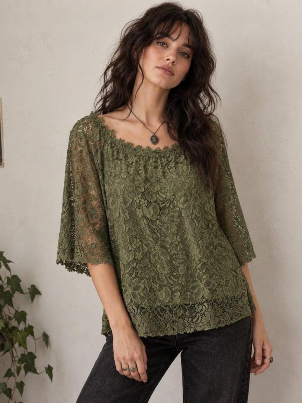 MIHOLL Women's Off-the-Shoulder Lace Floral Blouse Top Olive Green Size L